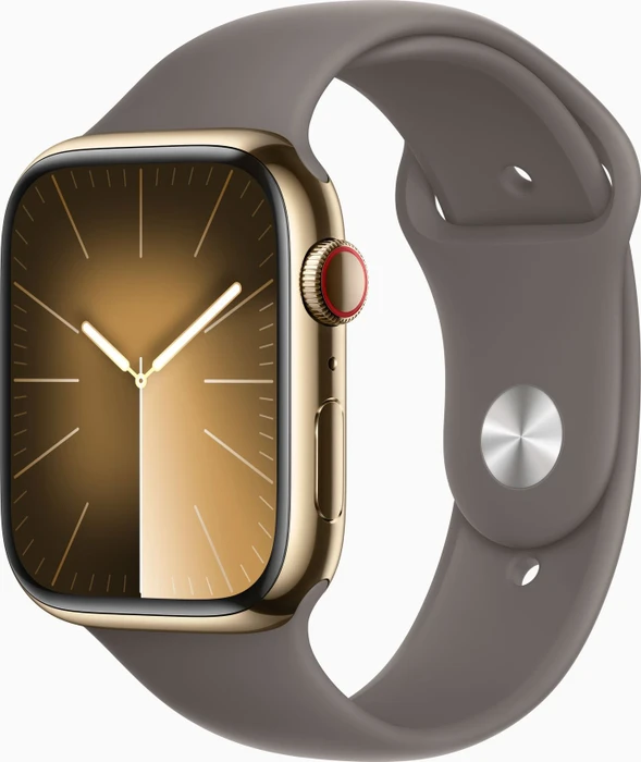 Apple Watch Series 9 (GPS + Cellular) 45mm Edelstahl gold mit Sportarmband S/M tonbraun