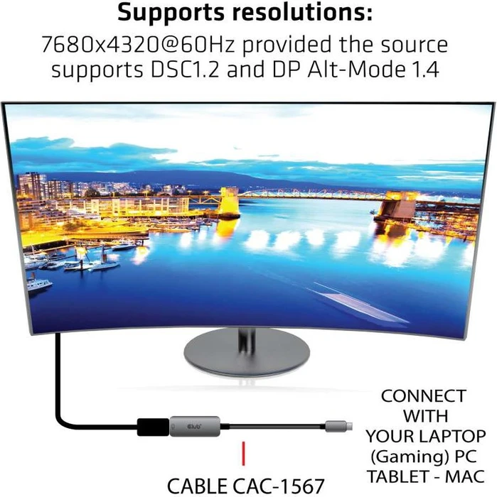 Club 3D aktives USB-C auf DisplayPort 1.4 Adapterkabel, 22cm
