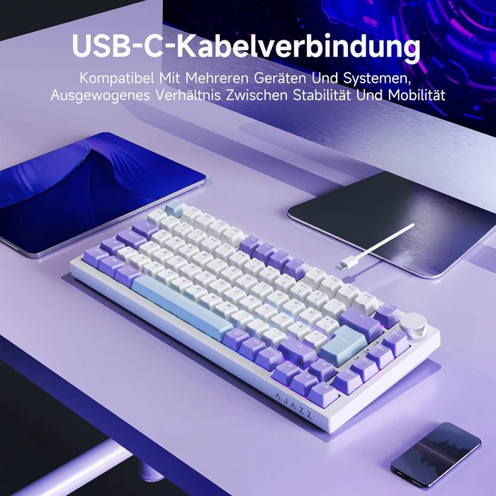 Ajazz AK820, White Purple, LEDs RGB, hot-swap, Ajazz Sea Salt, USB, DE