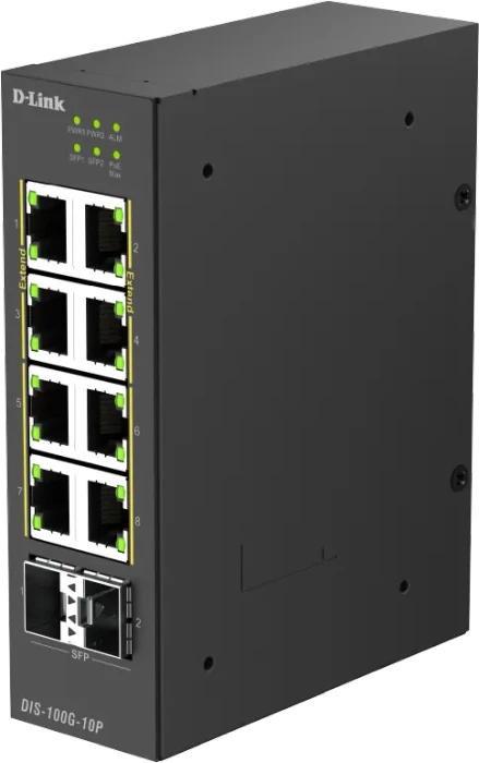 D-Link DIS-100G Industrial Railmount Gigabit Switch, 8x RJ-45, 2x SFP, 240W PoE+