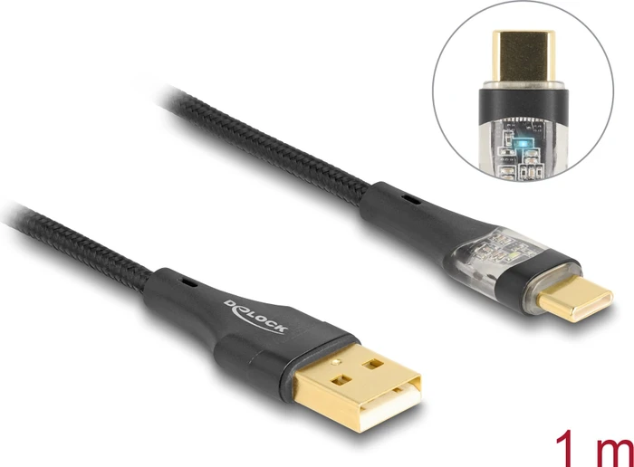 DeLOCK Adapterkabel, USB 2.0, 480Mb/s, 60W QC 3.0, USB-C [Stecker] auf USB-A [Stecker], schwarz, 1m
