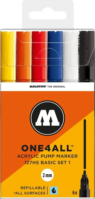 Molotow ONE4ALL 127HS 2mm Acrylmarker Basic-Set 1 sortiert, 6er-Set, Etui