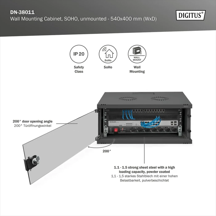 Digitus Professional SoHo Line 19" Wandgehäuse 4HE, unmontiert, Sicherheitsglastür, IP20, RAL 9005, 400mm tief