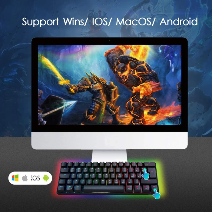 RK Royal Kludge RK61 60% Wireless, schwarz, LEDs RGB, Gateron RED, USB/Bluetooth, DE