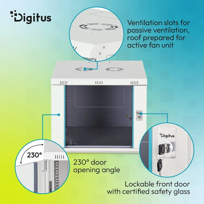 Digitus Dynamic-N Serie 19" Wandgehäuse 9HE, unmontiert, Sicherheitsglastür, IP2X, RAL 7035, 600mm tief