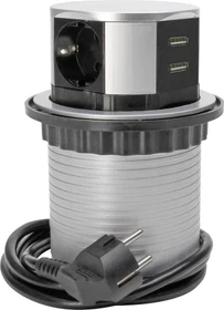 Kopp Steckdosenturm zum Möbeleinbau mit 2x USB, 3-fach, 1.4m, silber/schwarz