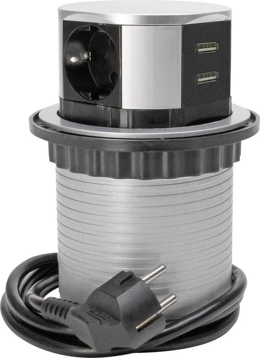 Kopp Steckdosenturm zum Möbeleinbau mit 2x USB, 3-fach, 1.4m, silber/schwarz