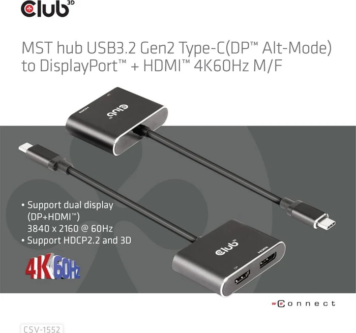 Club 3D MST Hub USB-C 3.2 auf DisplayPort + HDMI 4K60Hz M/F Adapter