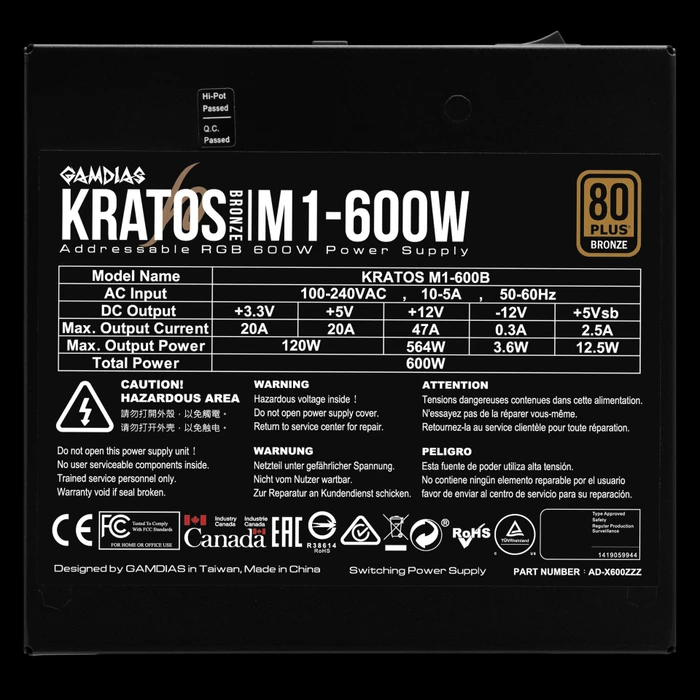 Gamdias Kratos Bronze M1-600B 600W, ATX 2.2