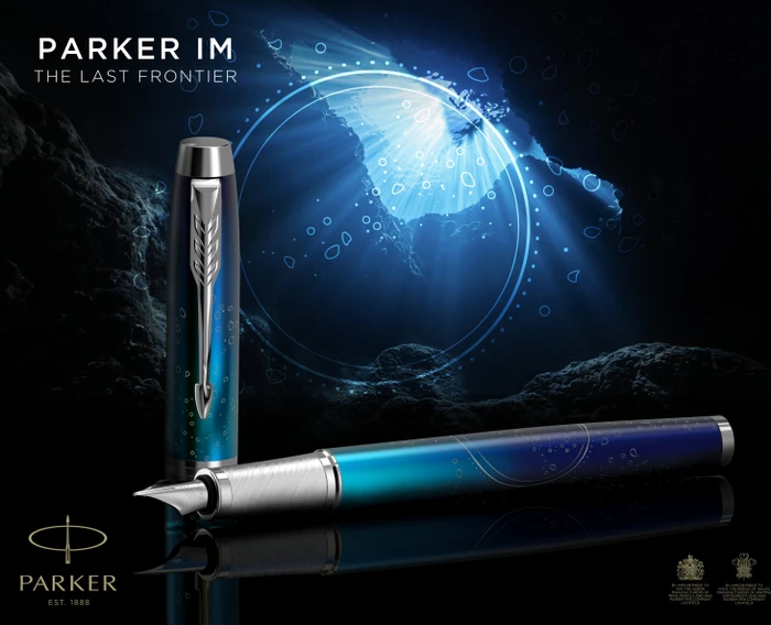 Parker IM Special Edition The Last Frontier Submerge blue lacquer/chrome trim, rechte Hand, fein, Geschenkbox