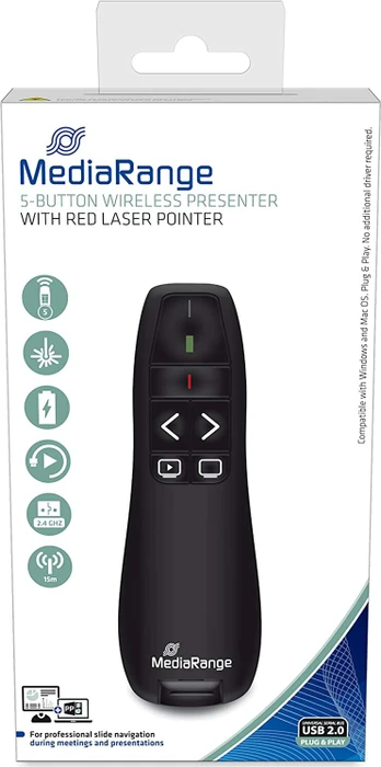 MediaRange Präsentationsfernbedinung mit 5 Tasten und rotem Laserpointer, schwarz, USB-A