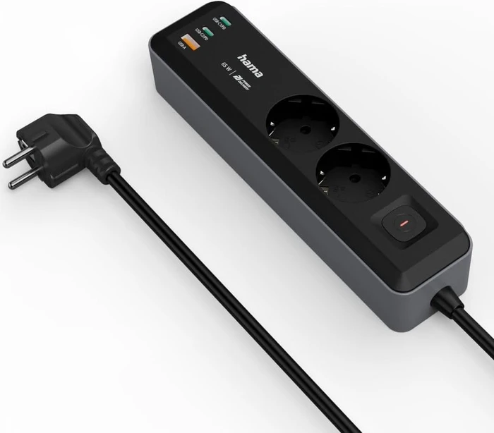 Hama Steckdosenleiste mit Schalter, 2-fach, 1x USB-A/2x USB-C 65W USB-PD, 1.4m, schwarz/grau