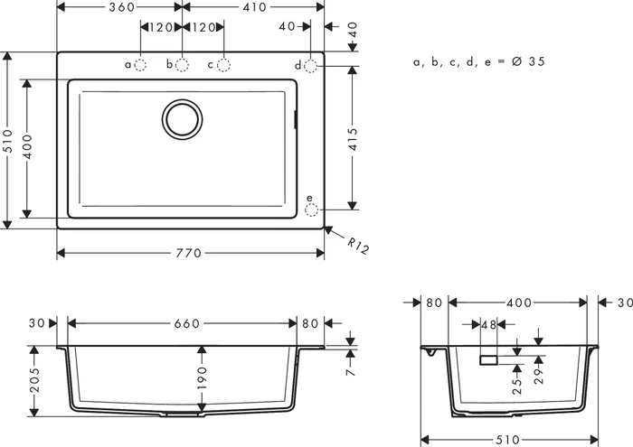 Hansgrohe S51 S510-F660 660 Einbau Becken mittig graphitschwarz