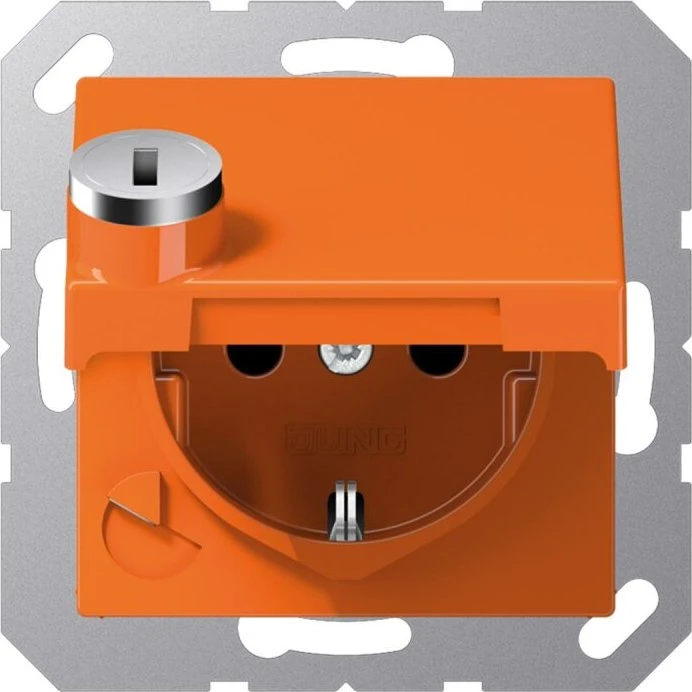 Jung Serie A Steckdose mit Klappdeckel, Sicherheitsschloss, orange