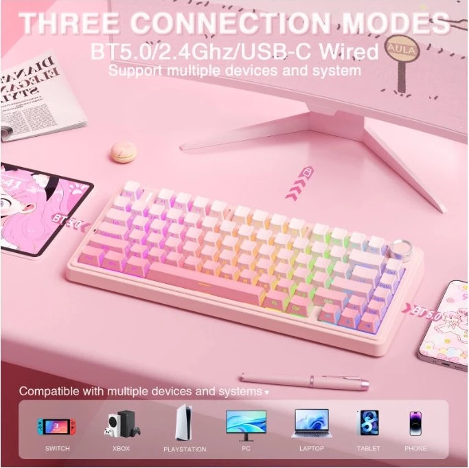 Aula F75 Pro, Pink Translucent Gradient, LEDs RGB, hot-swap, LEOBOG Feather, USB/Bluetooth, US