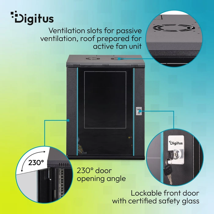 Digitus Dynamic-N Serie 19" Wandgehäuse 16HE, unmontiert, Sicherheitsglastür, IP2X, RAL 9005, 450mm tief