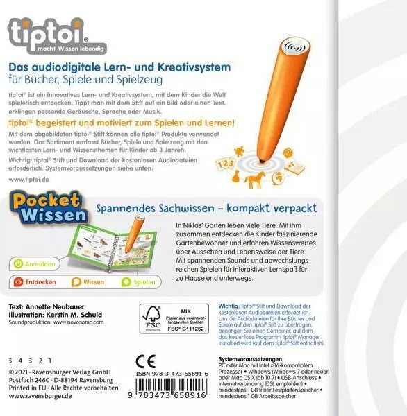 Ravensburger tiptoi Buch: Pocket Wissen: Tiere im Garten