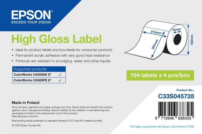 Epson Endlosetiketten Die-Cut High Gloss, A4, weiß, hochglänzend, 4er-Pack (776 Etiketten) (C33S045728)