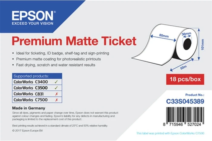 Epson Endlosetiketten Premium Ticket Matte, 80mm, 50m, weiß, matt, 1 Rolle (1 Stück)
