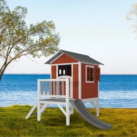 Axi Spielhaus Lodge XL rot/weiß mit Rutsche grau