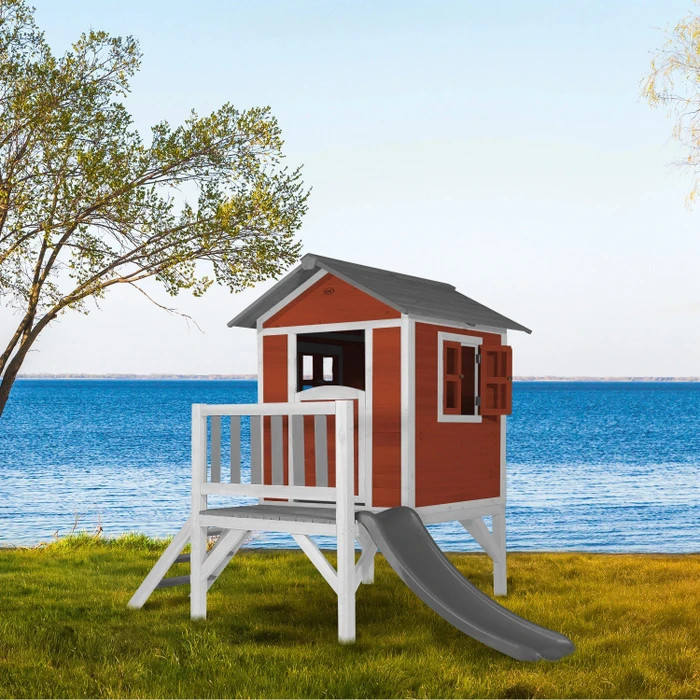 Axi Spielhaus Lodge XL rot/weiß mit Rutsche grau