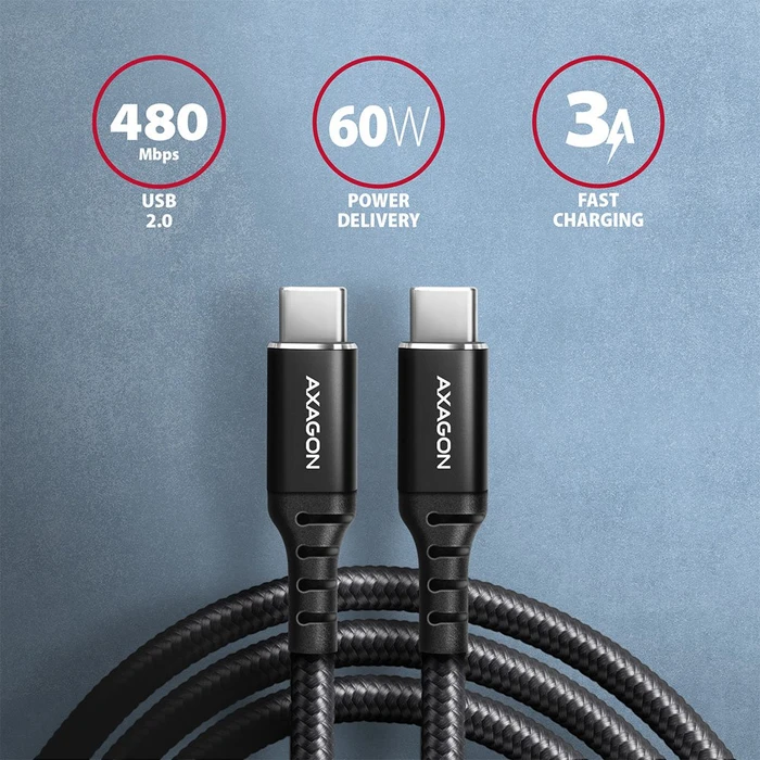 Axagon USB-C Kabel, HQ, USB 2.0, 480Mb/s, 60W PD, USB-C [Stecker] auf USB-C [Stecker], 3m