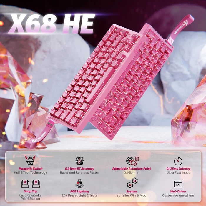 Attack Shark X68 HE Rapid Trigger Keyboard, rosa mit Kontur, LEDs RGB, Outemu White Jade Magnetic, USB, US