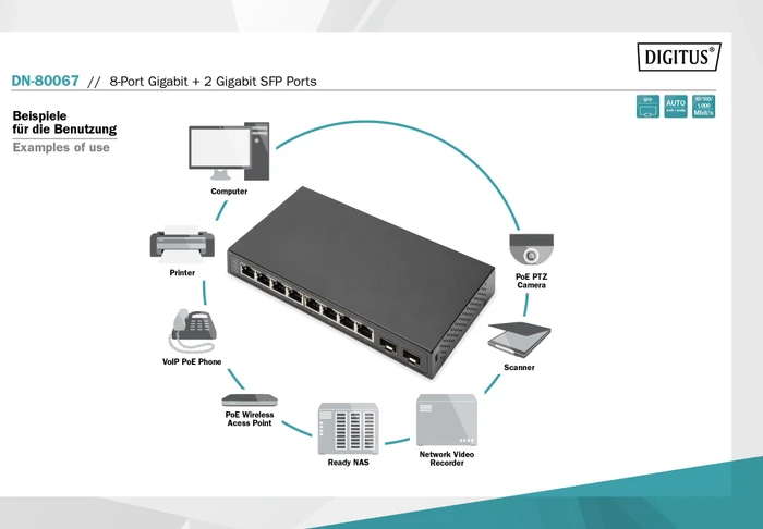 Digitus DN-800 Desktop Gigabit Switch, 8x RJ-45, 2x SFP