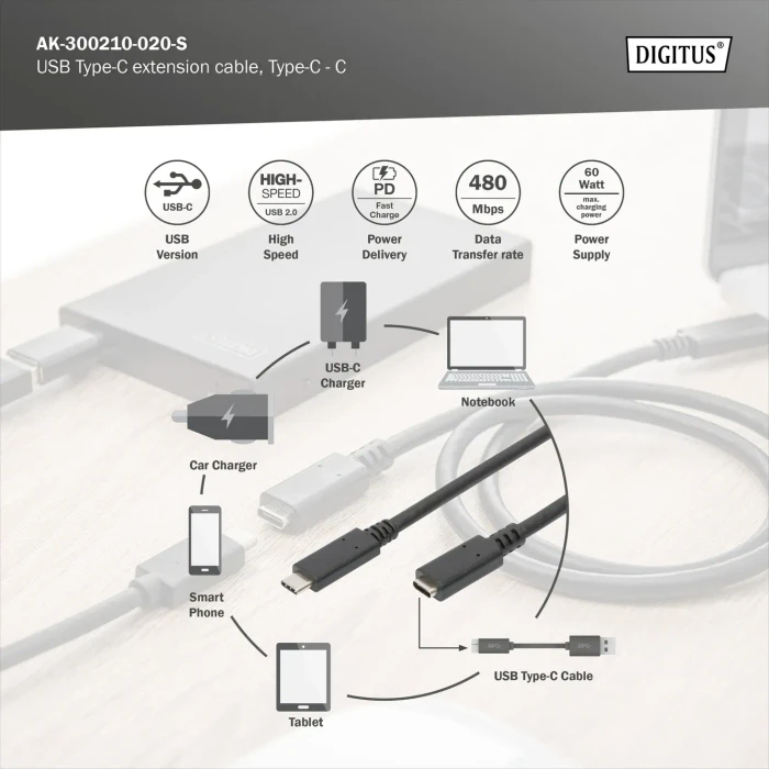 Digitus USB 2.0 Verlängerungskabel, USB-C [Stecker] auf USB-C [Buchse], 2m schwarz