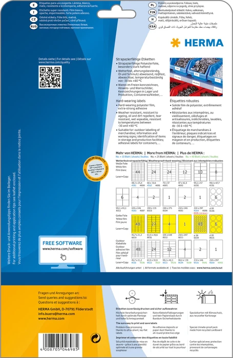 Herma Folienetiketten, A4, wetterfest, transparent, matt, 25 Blatt (25 Etiketten)