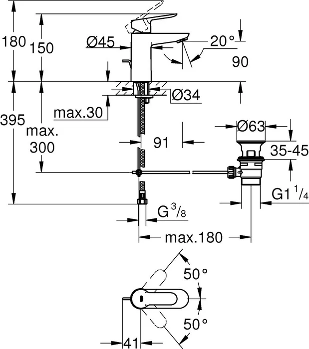 Grohe BauEdge Einhand-Waschbeckenarmatur 1/2" S-Size mit Ablauffernbedienung chrom