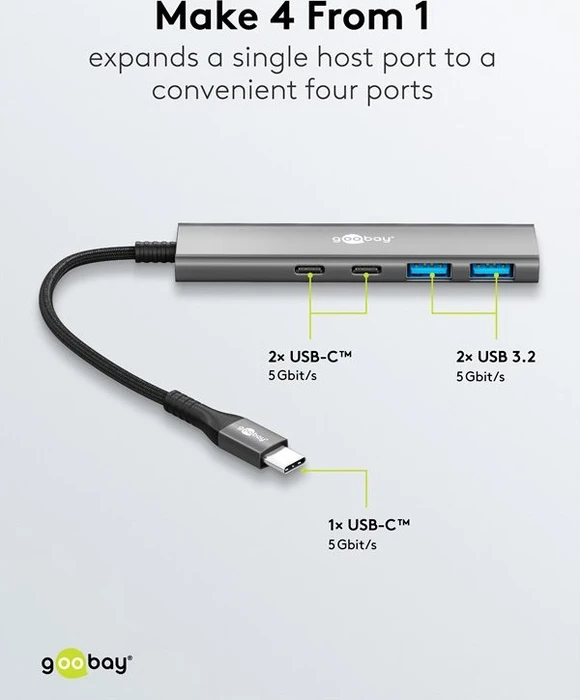 Wentronic goobay Slim 4-Port USB-Hub, 2x USB-C 3.0/2x USB-A 3.0, USB-C 3.0 [Stecker]