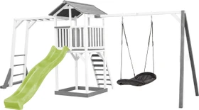 Axi Spielturm Beach Tower mit Klettergerüst, Rutsche und Roxy Nestschaukel weiß/grau/grün