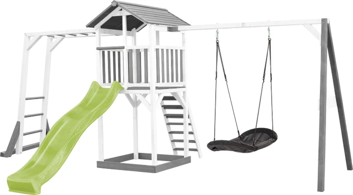 Axi Spielturm Beach Tower mit Klettergerüst, Rutsche und Roxy Nestschaukel weiß/grau/grün