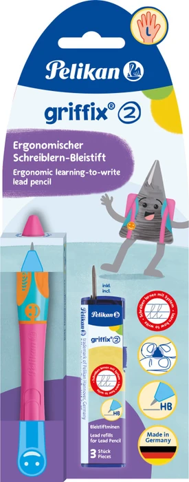 Pelikan griffix 2 Druckbleistift HB 2mm graphit, lovely pink, Linkshänder, Blister, 3 Minen