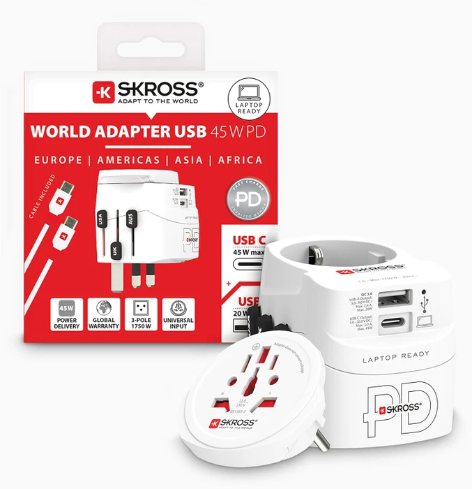 Skross World Travel Adapter PRO Light USB AC45PD - World, 1x USB-A, 1x USB-C