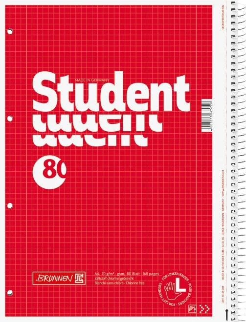 Brunnen Student Collegeblock für Linkshänder, Spirale rechts, A4, Lineatur 28, rot, 80 Blatt