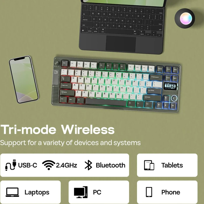 Epomaker RT85 Wireless, Green White, LEDs RGB, hot-swap, Epomaker Wisteria V2, USB/Bluetooth, US