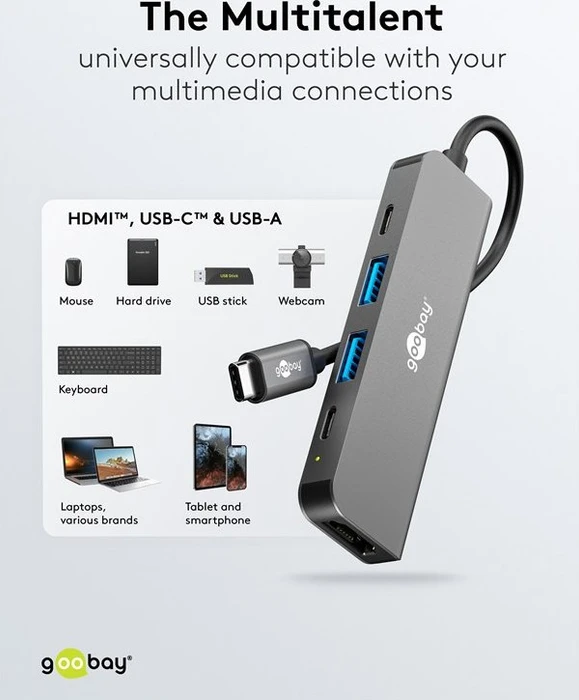 Wentronic goobay Slim 5-Port USB-Hub mit HDMI, USB-C 3.0 [Stecker]