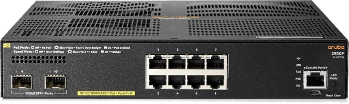 HPE Aruba 2930F 8G Desktop Gigabit Managed Switch, 8x RJ-45, 2x SFP+, 125W PoE+