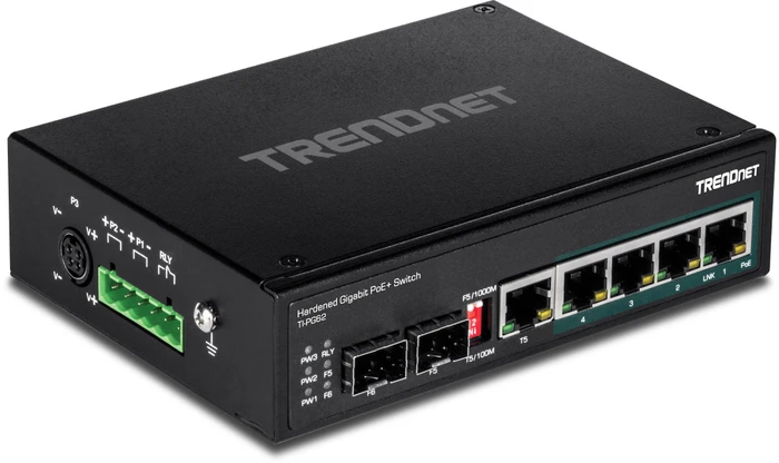TRENDnet TI Hardened Industrial Railmount Gigabit Switch, 4x RJ-45, 1x SFP, 1x RJ-45/SFP, 120W PoE+