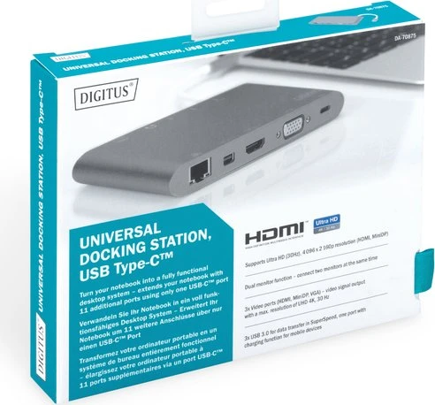 Digitus Universal Docking Station grau, Multiport, USB-Hub, Dual-Slot-Cardreader, USB-C 3.0 [Stecker]