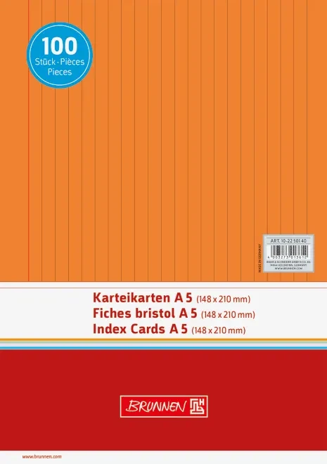 Brunnen Karteikarten, A5, liniert, orange, 100 Blatt