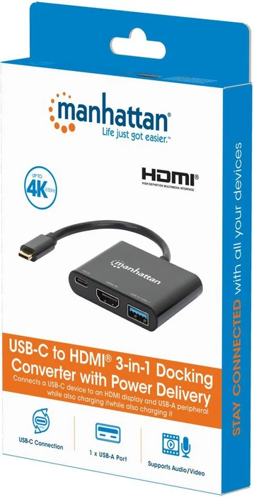 Manhattan USB-C to HDMI 3-in-1 Docking Converter with Power Delivery, USB-C 3.0 [Stecker]