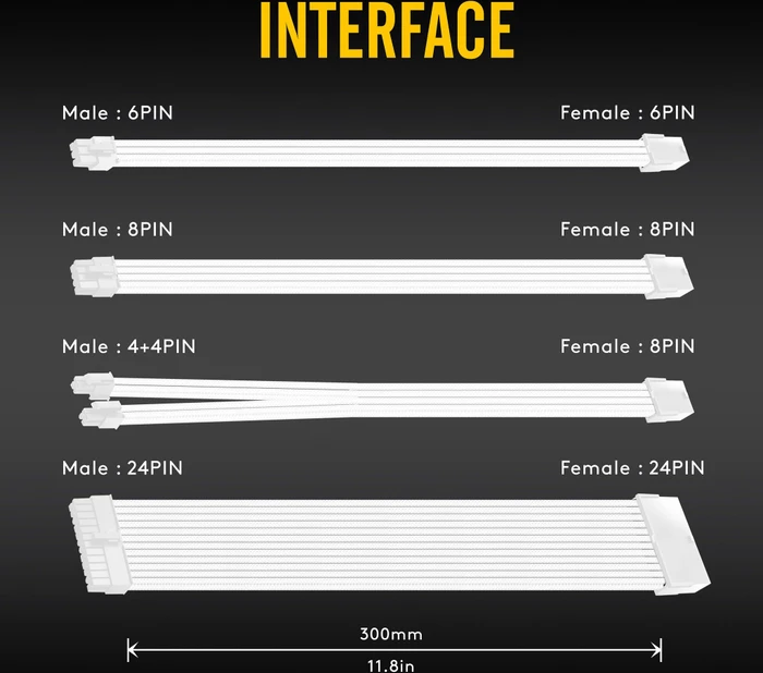 EZDIY-FAB Cable Extension Kit, 1x 24-Pin, 1x 4/8-Pin ATX, 2x 6-Pin PCIe, 16AWG, 2x 8-Pin PCIe, 16 AWG Nylon, weiß (weiße Anschlüsse)