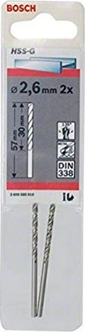Bosch Professional HSS-G Spiralbohrer, 2.6x30x57mm, 2 Stück