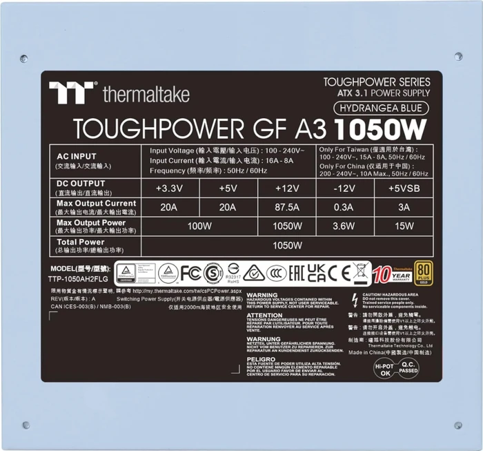 Thermaltake ToughPower GF A3 Hydrangea Blue Limited Edition 1050W, ATX 3.0