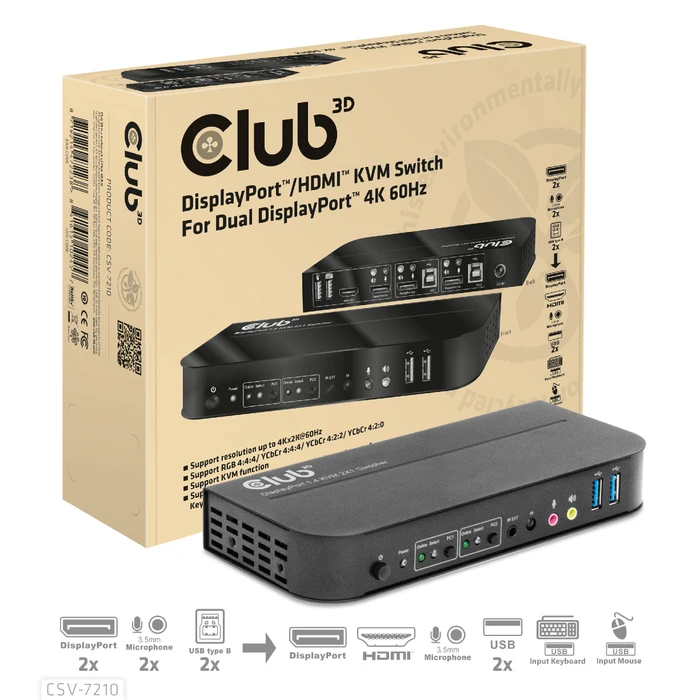 Club 3D DisplayPort/HDMI KVM-Switch for Dual DisplayPort 4K 60Hz, 2-fach