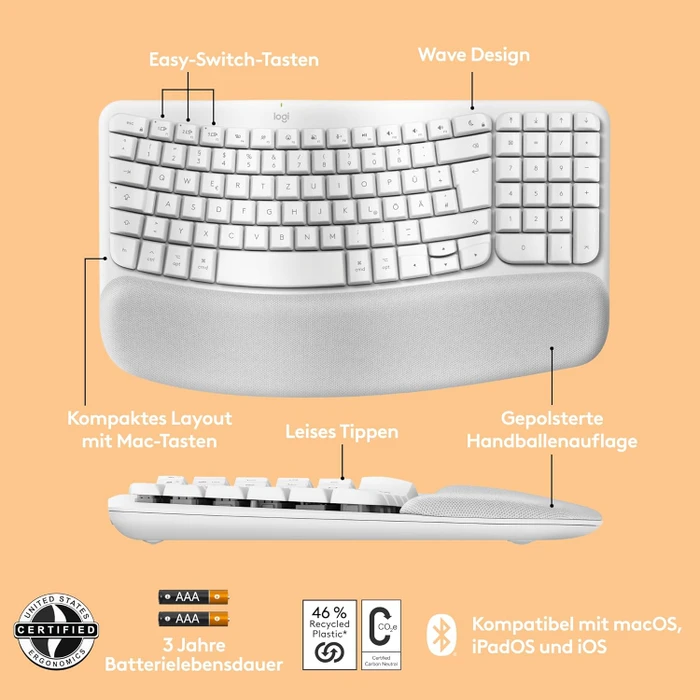 Logitech Wave Keys for Mac, Grauweiß, Logi Bolt, USB/Bluetooth, DE