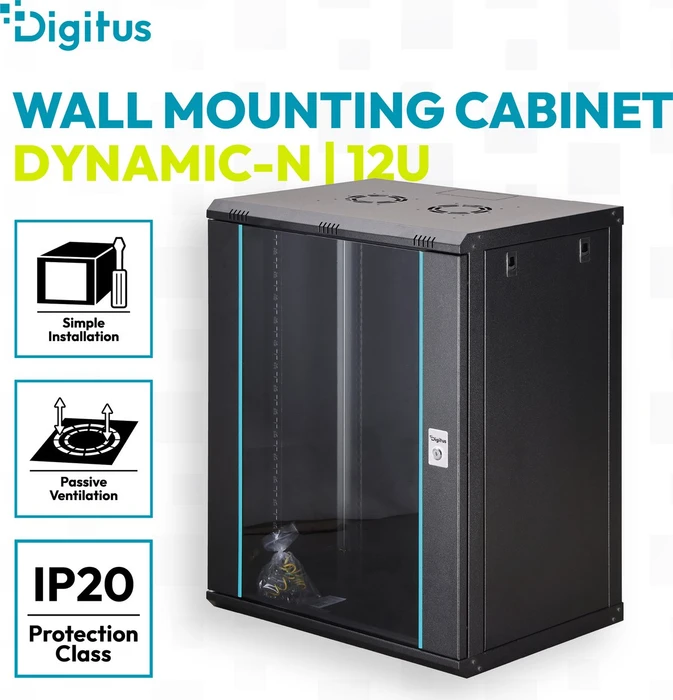 Digitus Dynamic-N Serie 19" Wandgehäuse 16HE, unmontiert, Sicherheitsglastür, IP2X, RAL 9005, 450mm tief